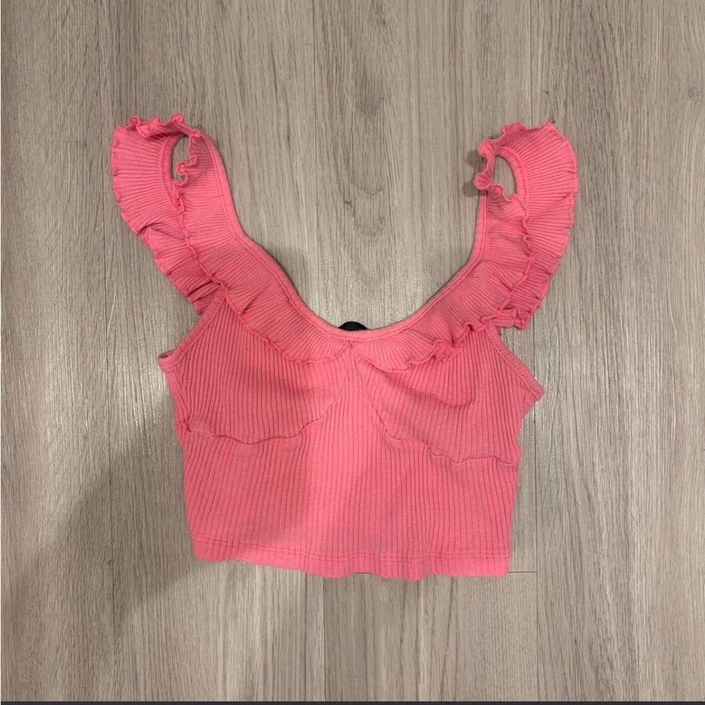 SHEIN Coral Pink Ruffled Ribbed Crop Top